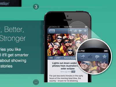 News360 for iPhone promo page part actions bright dislike green icons interface iphone like mobile pressed promo promotion save share topbar ui ux