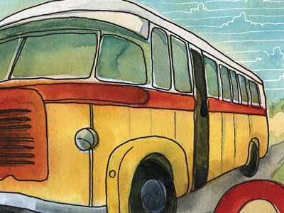 Big Kettle Drum Album Cover... a teaser big kettle drum bus clouds gouache line art red watercolor yellow