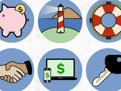 Icons for a trading website access blue circle computer devices help icons illustration key lighthouse pig
