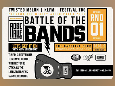 KLFM Battle Event Poster Illustration art artwork battle battle of the bands black and white bold letters contrast creative creativity event poster event poster design illustrated illustration illustration design klfm rose ave round 11 round one twisted melon typography