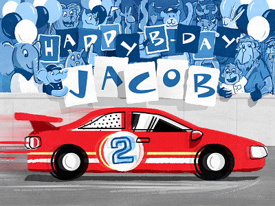 Happy B-Day Jacob animals balloons bear car elephant fast giraffe illustration pig rabbit racecar