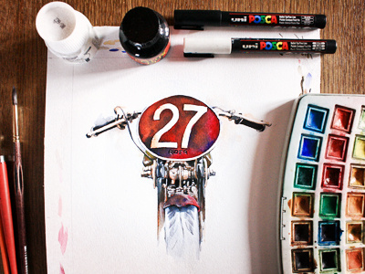 Watercolor Motorbike - WIP 3 available cafe racer color drawing for sale frame motorbike norton old school paint painting poster society6 splash vintage watercolor