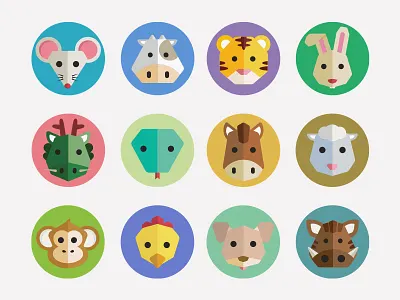 Chinese Zodiac Icons animals app badges boar chinese colorful cow dog dragon flat horse iconography icons illustration monkey mouse rabbit rooster sheep snake tiger vector zodiac