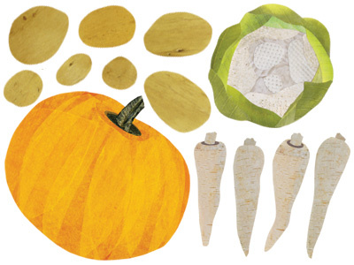 Cut Paper Collage Vegetables cauliflower collage parsnips potatoes pumpkin