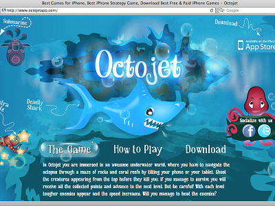 Octojet Game Website android app appstore arcade background character concept design game illustration ios ipad iphone navigation new sketch theme ui underwater ux web