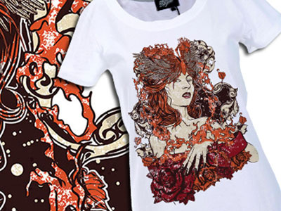 Phoenix T-shirt design apparel bird brown design fashion fire hand drawn illustration orange phoenix red roses shirt t shirt tattoo vector white woman