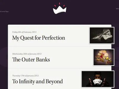 Archive article blog dark image light photo polaroid purple responsive serif simple text web web design