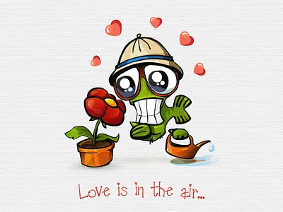 Love is in the air big fish character eyes flower heart love pink vector