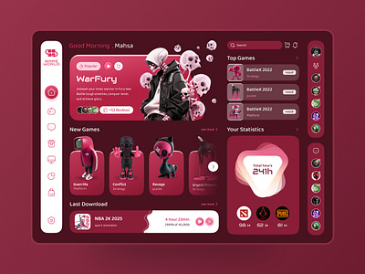 Game World - Game Dashboard Design 3d character clean dark dashboard design game gameplay gaming panel platform play steam trend ui uiux ux video game web website