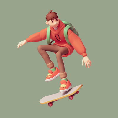 School boy 3d blender3d boy character concept floating kawaii school skateboard stylized ui