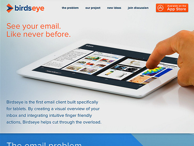 Birdseye Landing Dribbble app birdseye clean email hero image ipad website