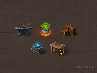 some small icons for a game altar anvil box brainchild brainchild.pl coin game game item gold item market rafal urbanski rafał urbański ring rings trade warlock wooden