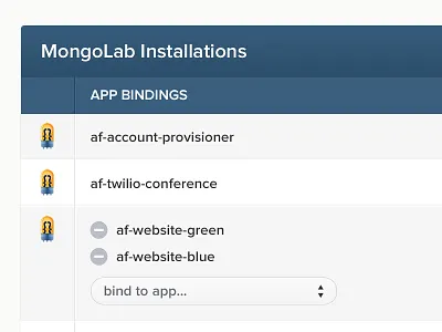AppFog Add-ons table delete drop down edit icons manage plugins sort table tabular