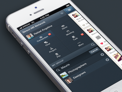 Sidebar app chat connection file group inbox ios iphone meeting profile project ui