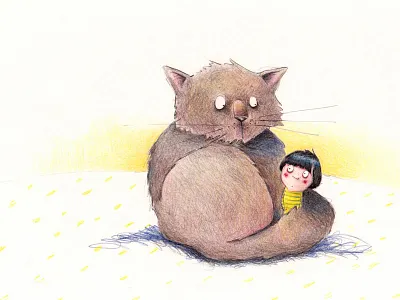 Cozy cat cat coloured pencil dots girl illustration