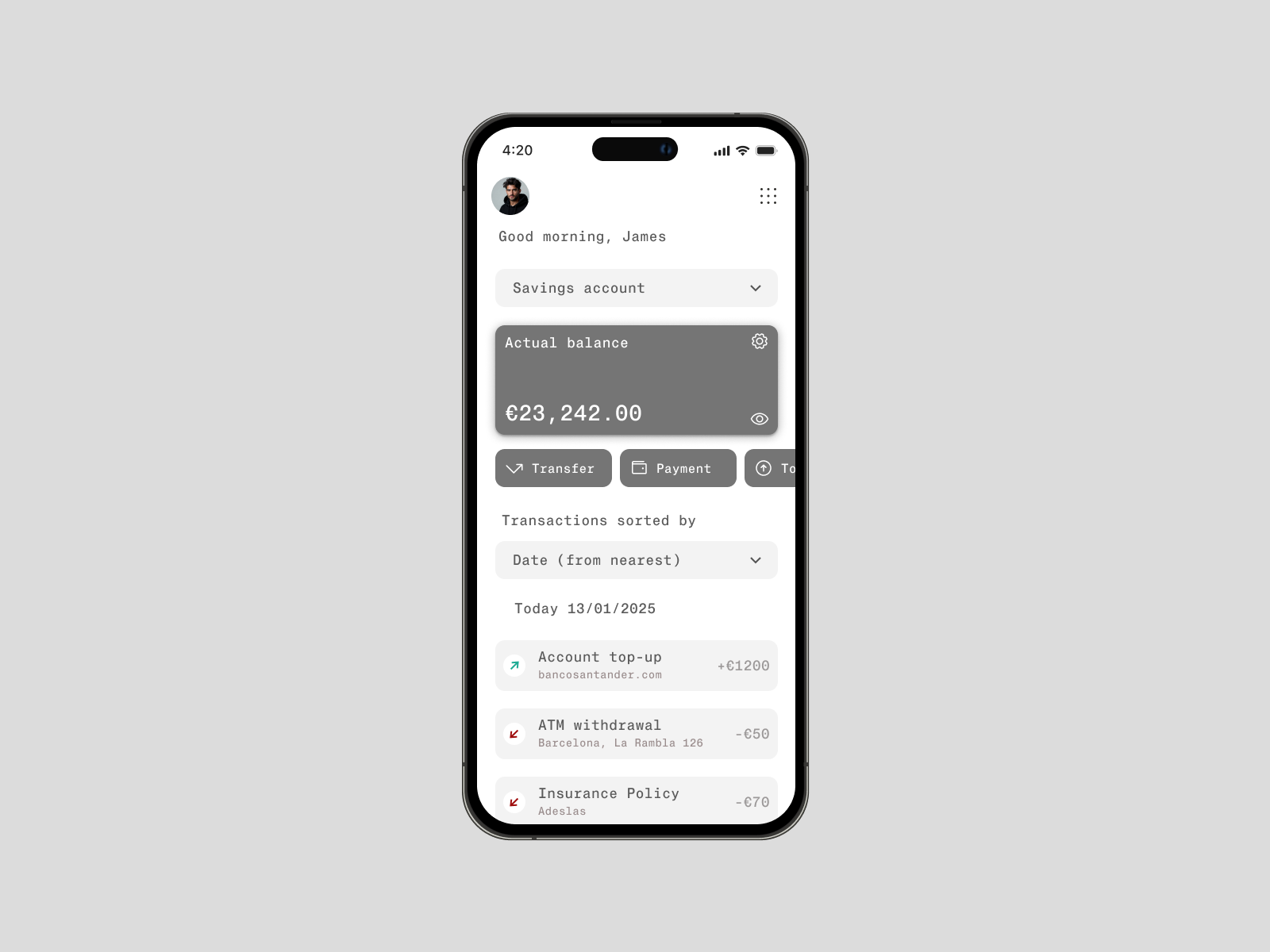 Example of Bank balance screen