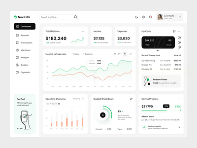 Nuvesta | Finance Dashboard ai platform animated ui animation balance banking chart dashboard figma finance financial go pro graph interactive management minimalist motion design product design saving goals sidebar uiux