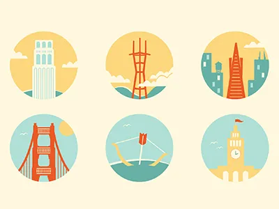 SF Landmark Icons architecture bridge buildings coit cupids span ferry building golden gate landmarks pyramid san francisco sutro tourism tower transamerica
