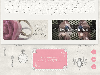 A Crafty Concept Footer Design awaken awaken company awaken design awaken design company chandelier clean clock design floral flourish flowers footer footer design frame frames girly header homepage keys lace pink shopify single texture watch web web design webdesign website design