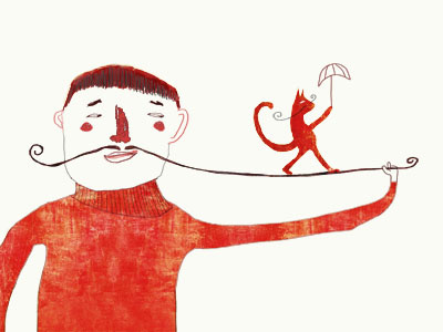 moustache walker cat circus act digital drawing giclée art print illustration moustache tightrope