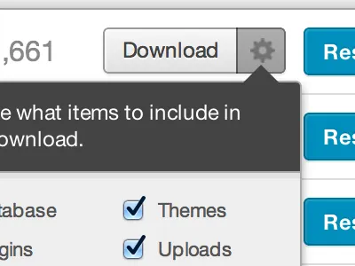 Download Backup button download gear popover vaultpress