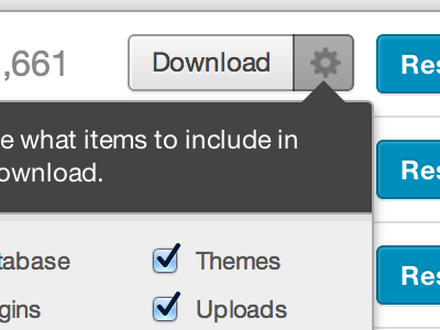 Download Backup button download gear popover vaultpress