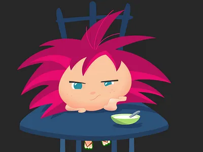 Cute baby furr - not happy for his food cartoon character illustration