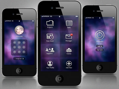 Time tracker progress add new app application clients icons iphone login messages profile project suppliers task time time sheet time tracker tracker your profile
