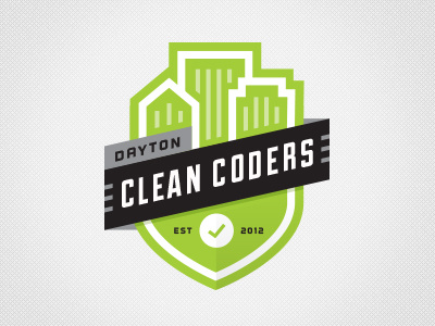 Dayton Clean Coders badge black buildings checkmark green meetup