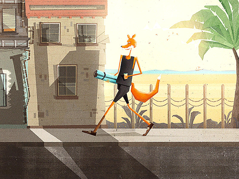 Strollin & Struttin beach building city fox illustration modern palm tree