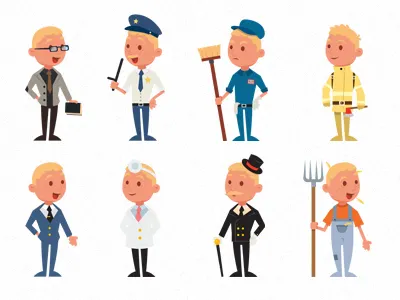 Job Mascot (20 characters) billionaire business man character chibi clothes cop doctor farmer fireman fun funny human illustration job man object professor work worker