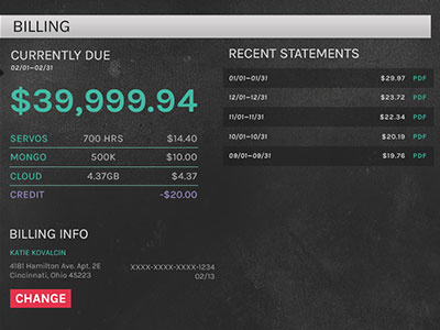 Modulus Billing Page billing dark modulus node.js texture ui ux