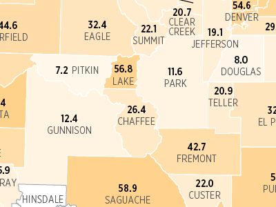 Example of Heatmap showing teen birth rates per thousand by county