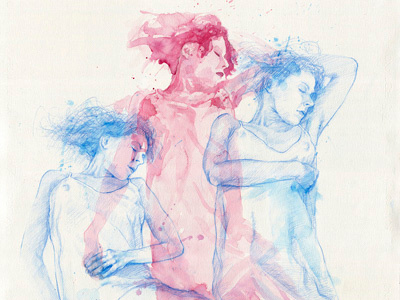 Three blue pencil watercolor