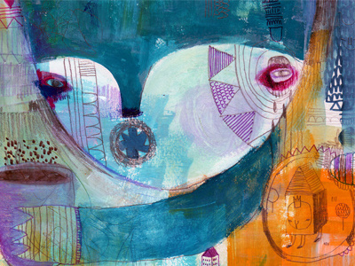Tea cat illustration mixed media
