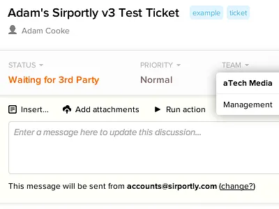 Sirportly v3 - Ticket view with menu & tags sirportly