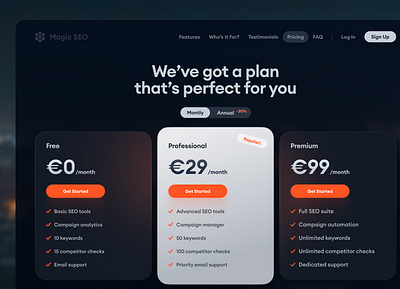 Pricing Page, Dark Mode cleran figma finance fintech framer landing page minimal modern orange pricing pricing page ui ux