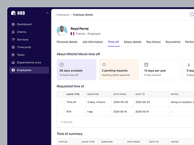 Employee Management _ Time Off calendar candidate clean ui construction employee employee details field job management hr dashboard human resourse job management product design recruiting roofing saas saas webapp time management time off ui design webapp