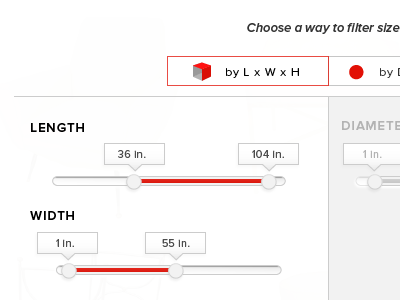 Size filtering forms interface sliders ui