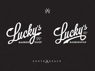 Lucky's Barbershop - Rebound 305 barber barbershop beach black design lettering logo luckys mark miami retro scissors script southbeach type typedesign typography vintage whiskey and branding white