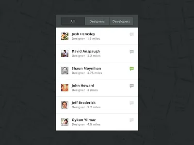 List View app area availability avatar designer developer layout locate location map menu message miles toggle ui ux web