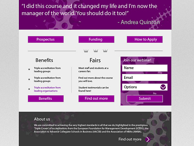 MBA landing page business corporate education he higher html purple quote template testimonial testimony university