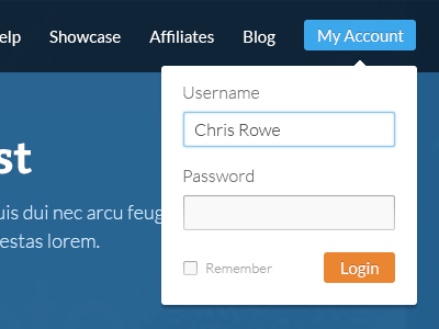 Drop down login arrow blue buttons drop down dropdown form links navigation orange web design