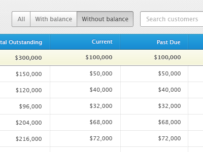 Table app balance blue buttons current list past due row search table ui ux web white zencash