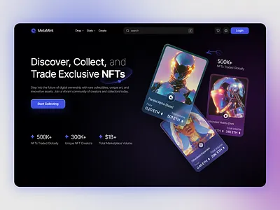 MetaMint - Where Digital Art Meets Infinite Possibilities cryptoart digitalart landingpage metamint nftcreators nftdesign nftlandingpage nftmarketplace uxui web3design webdesign