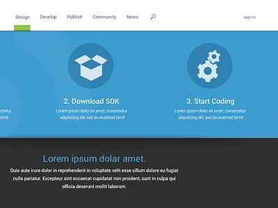 Web page in progress black blue header icons web design