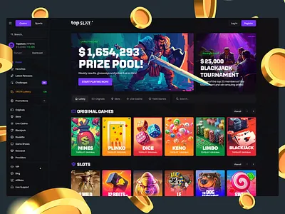 TOPSLOT - Web 3.0 Casino Interface betting casino crypto gaming dark theme dashboard design concept figma game design gaming inspiration online casino shuffle social casino ui uiux user interface ux web design