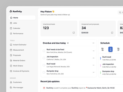 Roofing Management Dashboard calendar dashboard job roofing solar task ui ux