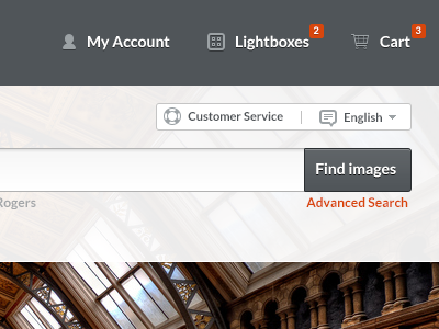 Nav - Logged In account admin cart font: lato icons: batch lightbox user