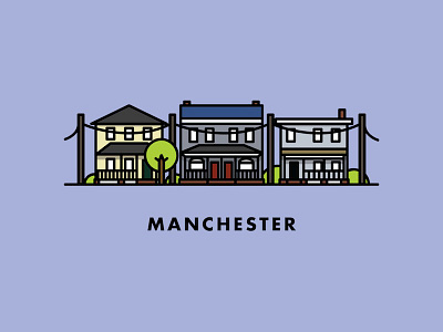 Manchester architecture buildings cables chimneys design houses icon illustration illustrator manchester plants poles porch power line purple richmond rva shrubs trees utility poles virginia windows